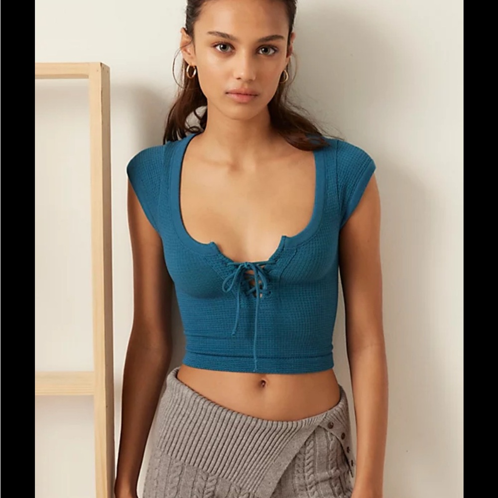 Urban outfitters out from under knockout seamless lace up top in blue.
